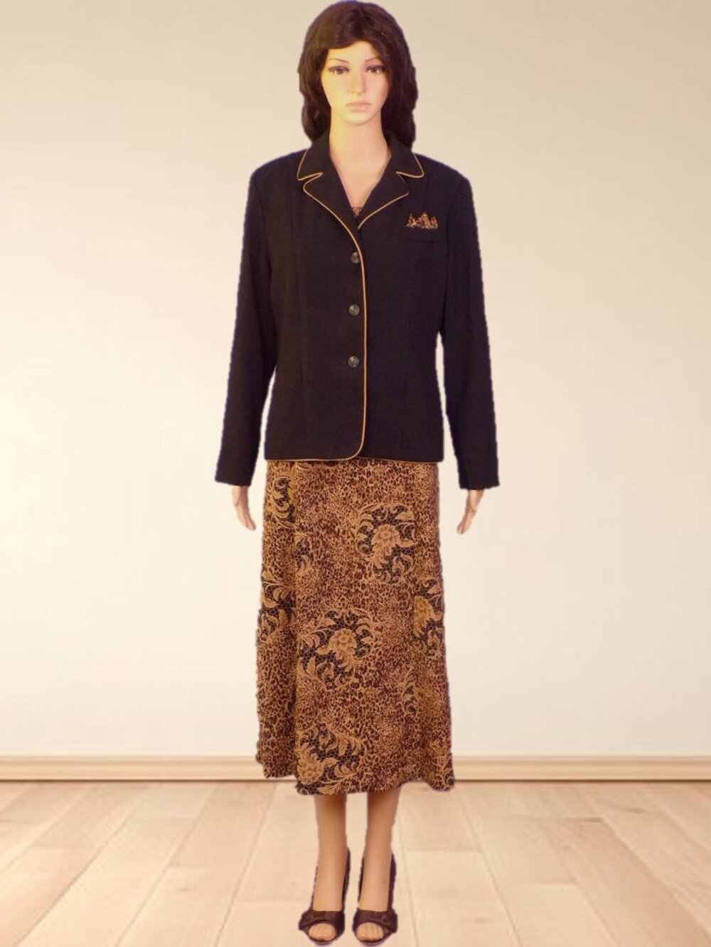 STUDIO I PETITE size 10P black/tan 2-piece suit jacket /dress 100% polyester